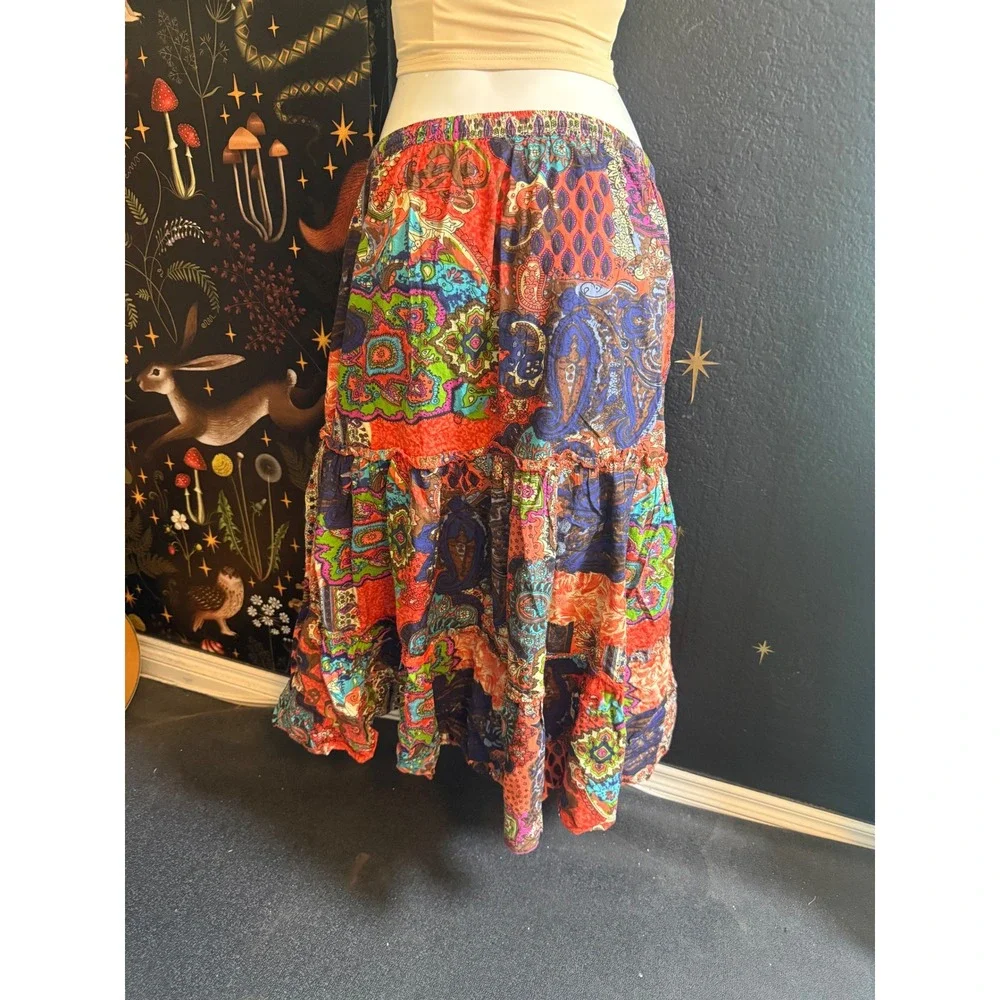 Bobbie Brooks Paisley Patchwork Tiered Midi Skirt Red Multi Cotton Small 6